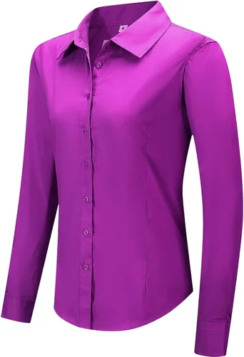 Vista 20 de Blusa de trabajo con botones para mujer, de algodón elástico, manga larga, ajuste delgado