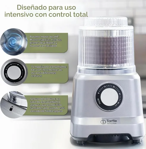 Vista 4 de Molinillo de especias eléctrico comercial de 750 W, molinillo de café de grano de hierbas de acero inoxidable resistente con temporizador modo