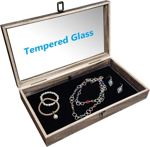 Vista 5 de MOOCA Vitrina de madera con tapa de cristal, vitrina de cuchillo de bolsillo con almohadilla de exhibición de joyería de terciopelo MDF de lujo