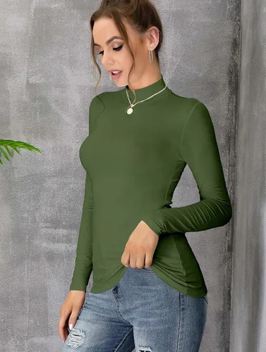Vista 2 de Camiseta Top sin Mangas de Manga Larga para Mujer, Cuello de Tortuga Simulado, Básica, Ajuste Elástico, Suéter Ligero, Camisa Entallada Verde militar