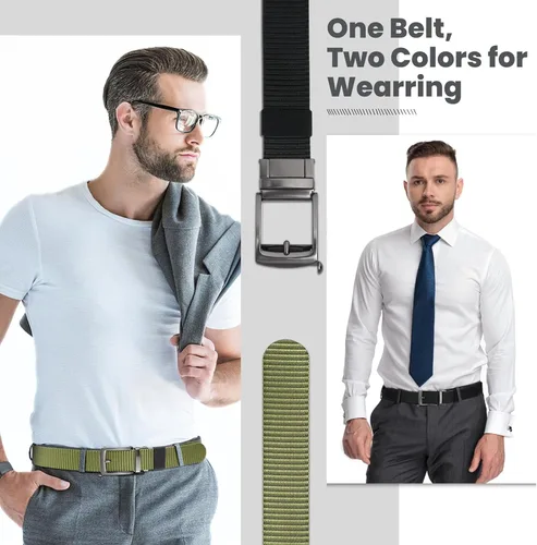 Vista 3 de Cinturones de trinquete de liberación rápida para hombre, cinturón de nailon reversible dos en uno para hombre casual y vestido deportivo