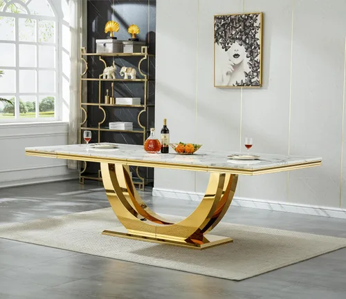 Vista 20 de Mesa de comedor de mármol negro para 4, 6, 70 pulgadas, moderna mesa de comedor de cocina dorada con base de acero inoxidable con diseño