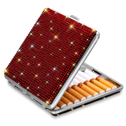 Vista 8 de SAVORI Estuche de cigarrillos para mujeres y hombres, soporte de cigarrillos de metal con cristales brillantes de doble cara, caja de cigarrillos AB