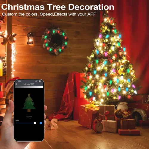 Vista 4 de Luces de Navidad Inteligentes C9 para Exteriores, 66 PIES 100 LED Control Remoto APP Luces de Cadena, Luces de Navidad DIY Persecución, Cambio