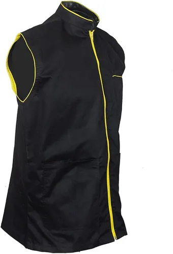 Vista 5 de Chaqueta profesional de peluquero para hombre, sin mangas, color negro, con 2 bolsillos para herramientas de peluquero y cremallera unidireccional