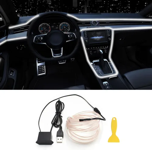 Vista 12 de Tira de luces LED de alambre EL para interior del automóvil, tira de cable USB de neón brillante estroboscópico de 16.5 pies con borde de costura