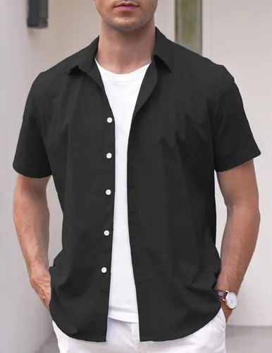 Vista 2 de COOFANDY Camisas casuales de lino de manga corta con botones para hombre