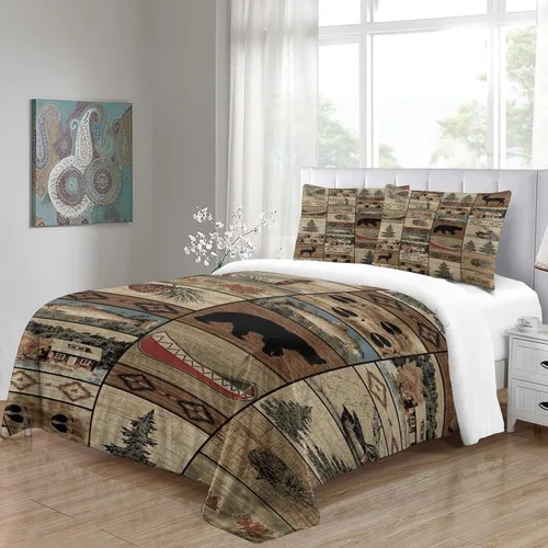 Vista 4 de Juego de ropa de cama de 3 piezas de 3 piezas con parche de vida silvestre, juego de edredón reversible de campamento rústico con fundas de almohada