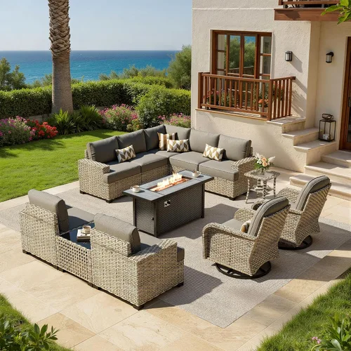 Vista 67 de HOOOWOOO Juego de muebles seccionales de patio con mesa de luz solar, 6 piezas de mimbre para exteriores, sofá en forma de L, juego de conversación