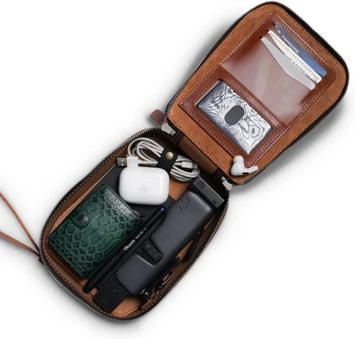 Vista 5 de PEGAI Bolsa organizadora de cuero de viaje y tecnología bolso de mano para hombre bolso organizador de pulsera marrón antiguo