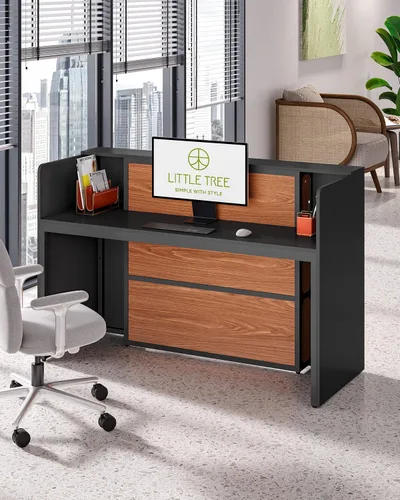 Vista 6 de LITTLE TREE Escritorio de recepción de 63 pulgadas, mesa de recepción moderna con luz LED, mostrador frontal, mostrador de madera para vestíbulos
