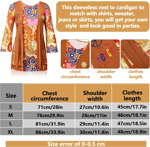 Vista 3 de 18 piezas de disfraz hippie de los años 60 y 70 para niños vestido hippie con chaleco signo de la paz diadema alfileres hippie tatuajes disfraz