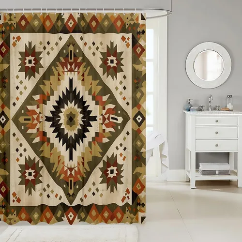 Vista 2 de Castle Fairy Cortina de ducha geométrica bohemia tribal exótica para baño, juego de cortina de ducha para niños y adultos, cortina de baño retro