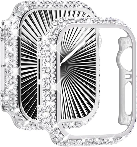 Vista 9 de NewWays Paquete de 2 fundas brillantes con diamantes completos para Apple Watch 40mm para mujeres, protector de diamantes completamente pavimentado