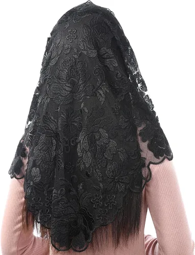 Vista 2 de Bozidol Velos de mantilla católica para mujer bordado de peonía estilo español triangular cubierta de cabeza velos de encaje para iglesia