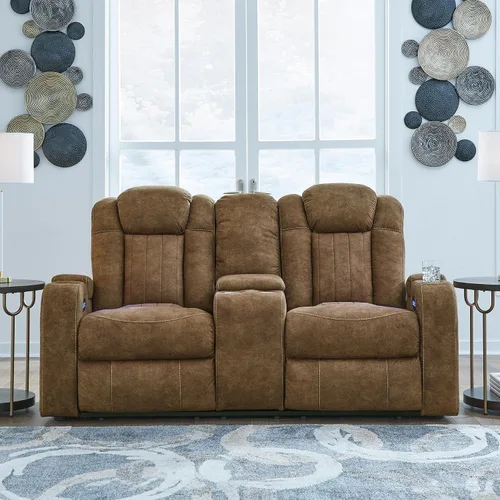 Vista 2 de Signature Design by Ashley Wolfridge - Sofá biplaza reclinable de piel sintética contemporánea con consola, portavasos y puertos USB, color marrón