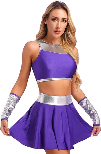 Vista 8 de Disfraces de héroe púrpura para mujer, trajes de vestir y guantes Vestido