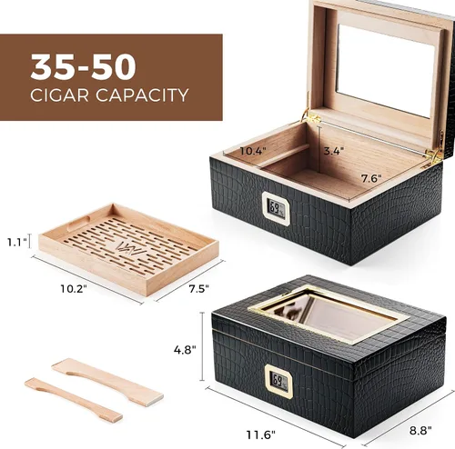 Vista 5 de Woodronic Humidor de puros para 80 unidades con higrómetro digital, bandeja y divisores forrados de cedro español, humidificador de gel de cristal