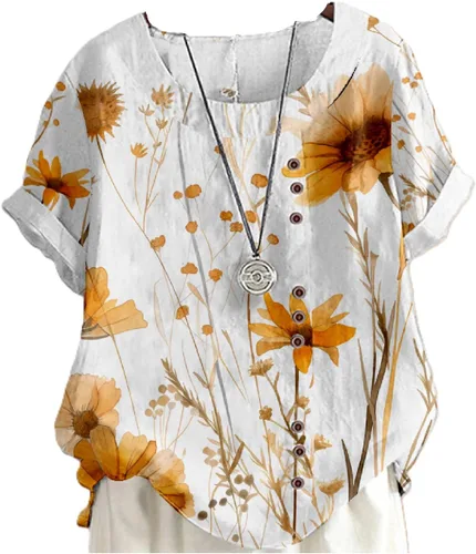 Vista 9 de domirica Camisetas de verano para mujer 2024 con estampado de flores, algodón, lino, manga corta, cuello redondo, camisas casuales de moda