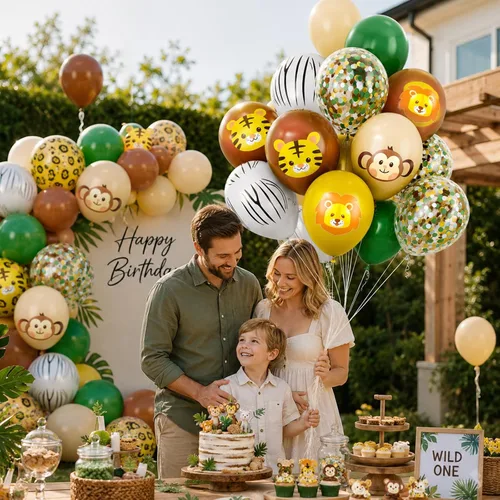 Vista 4 de Globos de animales, 60 globos de fiesta de 12 pulgadas, color verde y marrón crema, globos estampados de guepardo de animales para decoración
