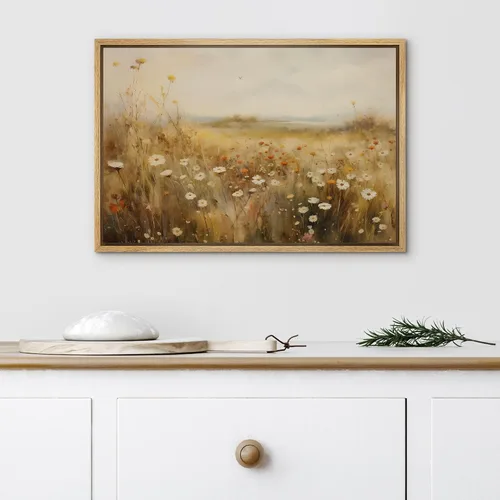 Vista 4 de SIGNLEADER Impresión en Lienzo Enmarcado Arte de Pared Prado Cálido de Verano con Flores Silvestres Ilustraciones Florales Vibrantes Arte Moderno