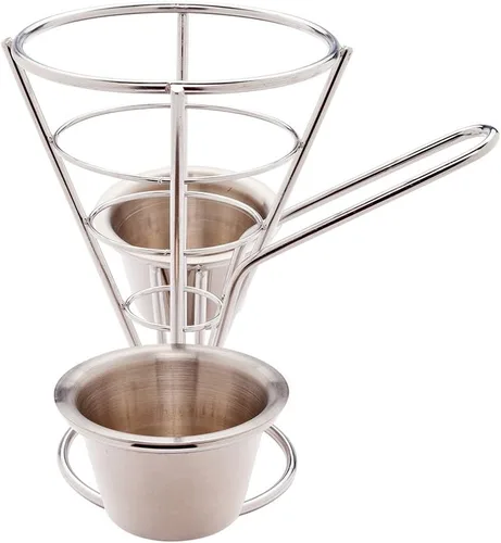 Vista 5 de Restaurantware Soporte para papas fritas de 4 x 5 pulgadas, 1 soporte para freír – con 2 soportes para salsas, soporte de cono de acero inoxidable