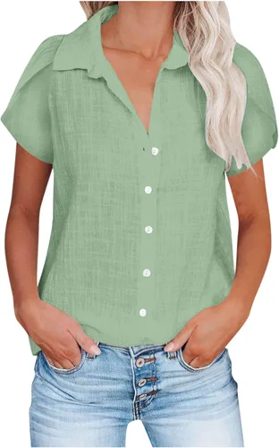 Vista 2 de Camisetas de verano para mujer, de manga corta, pétalos, de lino, con bolsillo, casual, con botones, blusas básicas