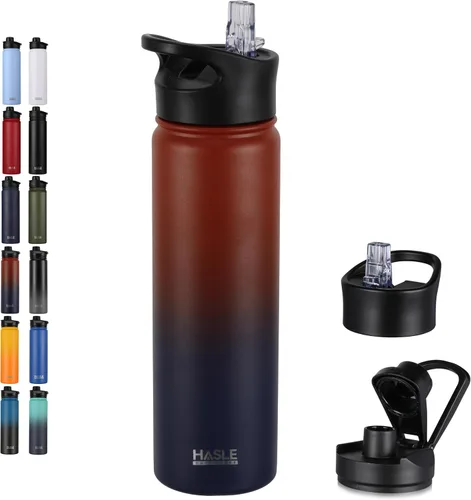 Vista 10 de HASLE OUTFITTERS Botella de agua aislada de 22 onzas, botella de agua de acero inoxidable de doble pared de boca ancha con tapa de popote y tapa