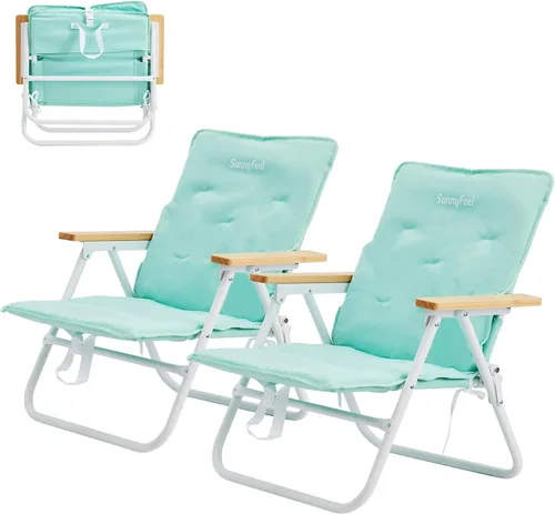 Vista 9 de SUNNYFEEL Silla de playa plegable, respaldo de silla de playa con reposabrazos y cojín de madera, silla de campamento ligera resistente para playa