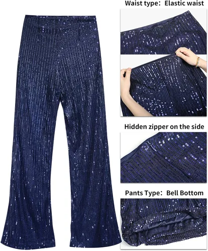 Vista 5 de YHYJMY Pantalones acampanados de lentejuelas para mujer elásticos sueltos con brillantina cintura alta brillante pierna ancha