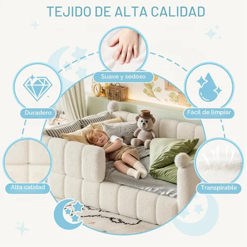Vista 5 de Bellemave Cama Montessori tapizada de vellón de peluche de tamaño matrimonial con valla, marco de cama infantil de perfil bajo con barandillas