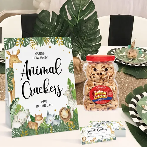 Vista 6 de Celepaty 50 juegos de safari para baby shower, tarjetas de juego Safari Guess How Many Animal Crackers con letrero, juegos de ducha temáticos