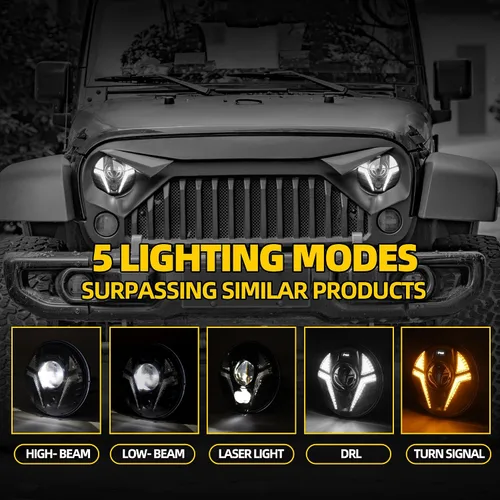 Vista 4 de Faros delanteros DRL personalizados de 7 pulgadas, faros delanteros LED redondos compatibles con Jeep Wrangler JK, JKU, TJ, LJ, Chevy, Ford, GMC
