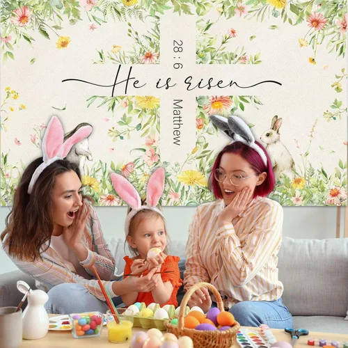 Vista 5 de Moukeren Decoraciones de telón de fondo de Pascua con texto en inglés «He is resucitado», pancarta de fotografía con cruz de Jesús, fondo de flores