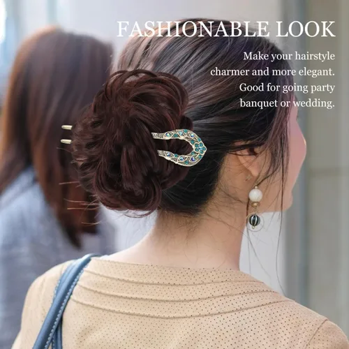 Vista 7 de Lurrose Pin de pelo de doble punta en forma de U de cristal Chignon Horquilla Stick Accesorio de peinado para mujeres niñas (azul)
