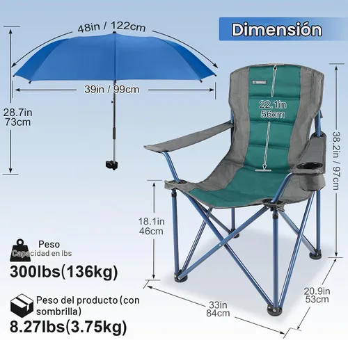Vista 3 de Paquete de 2 sillas de camping con paraguas ajustable, silla de césped plegable con respaldo de bandera estadounidense, silla de camping acolchada