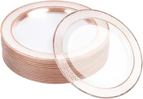 Vista 11 de MATANA 20 Platos de Fiesta Reutilizables de Plástico Transparente de 10 Pulgadas con Borde Dorado Martillado - Platos de Cena Resistentes de Primera