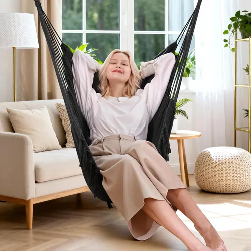Vista 2 de Y- STOP Silla Hamaca Colgante Columpio de Cuerda, Máximo 500 Libras, 2 Cojines Incluidos, Silla Colgante Grande de Macramé con Bolsillo, Tejido
