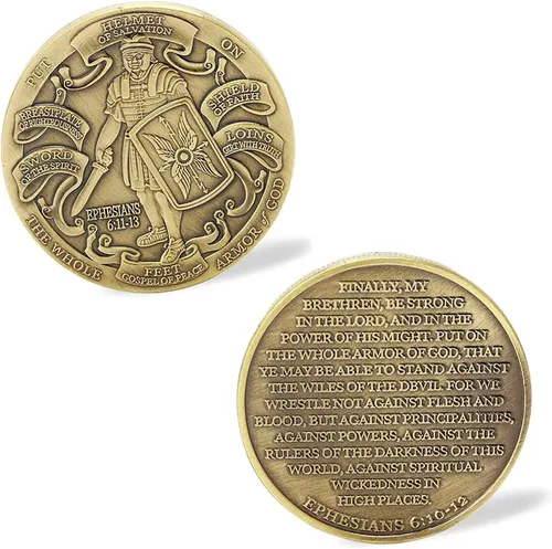 Vista 3 de Pon la moneda de desafío Full Armor of God Chapada en bronce antiguo Armadura de Dios y Efesios 6