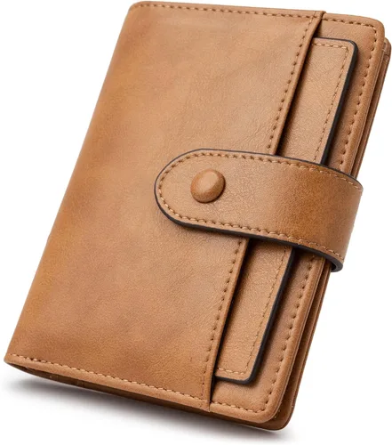 Vista 11 de Alldaily Cartera pequeña de piel con bloqueo RFID para mujer, plegable con 10 ranuras para tarjetas y bolsillo con cremallera, Negro, Pequeña