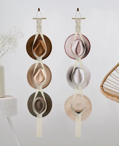 Vista 8 de Organizador de sombreros de macramé para pared, colgadores bohemios para colgar en la pared, tejido a mano, organizador decorativo para sombreros