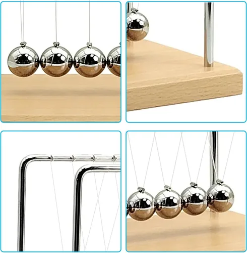 Vista 4 de Newton's Cradle - Pelotas oscilantes con péndulo de equilibrio con base de haya, juguete de ciencia y física, juguete para calmar la ansiedad Base