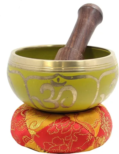 Vista 13 de DharmaObjects - cuenco para cantar el Om de la paz, para meditación relajante de yoga. Juego de almohadilla de seda, juego de martillo de Negro