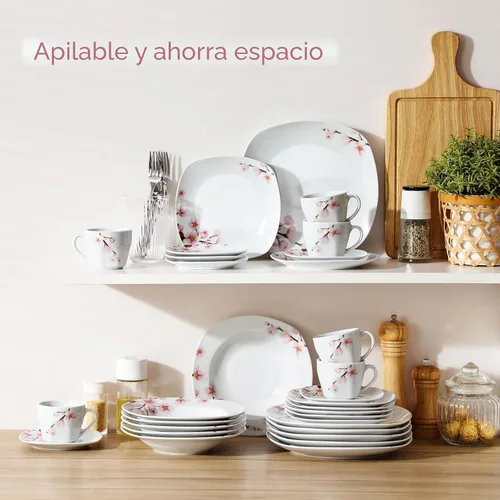 Vista 7 de VEWEET Annie - Vajilla de porcelana para 6 personas, 30 piezas, con platos y tazones, incluyendo cena, postre, sopa, tazas y platillos