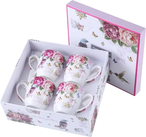 Vista 8 de London Boutique Juego de tazas de café de té, 4 porcelana, pájaro, rosa, mariposa, diseño Shabby Chic en caja de regalo, 11 oz