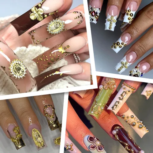 Vista 6 de Dijes de cruz 3D para uñas, cuentas doradas de perlas de uñas con parte trasera plana para manualidades, bonitos dijes de uñas Y2K con diamantes