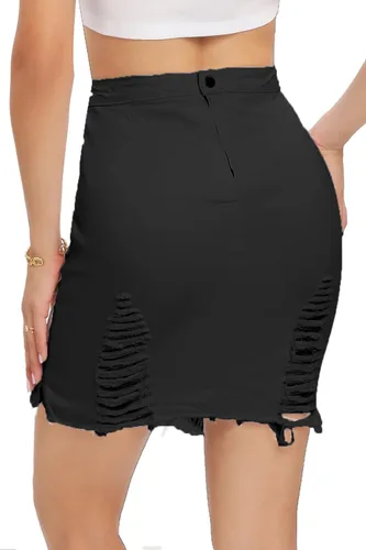 Vista 3 de Faldas de mezclilla sexy para mujer, estilo casual, elástico, irregular, deshilachado, dobladillo sin procesar, faldas de mezclilla
