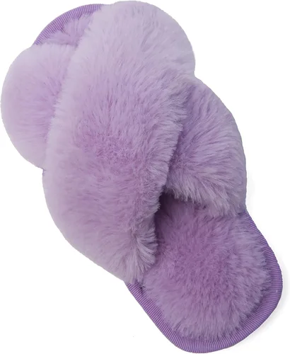 Vista 11 de LightFun Pantuflas peludas y peludas para niña, chancletas de piel con punta abierta, sandalias de banda cruzada para niñas, hogar, interior y Beige