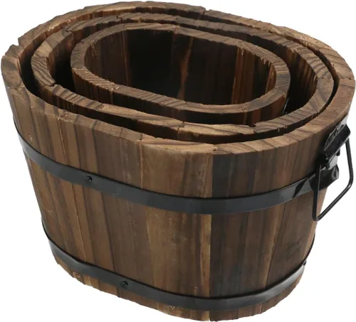 Vista 3 de MY MIRONEY - Juego de 3 macetas ovaladas de madera, tamaño pequeño, mediano y grande Cubo de madera de estilo vintage Jardín rústico maceta