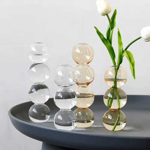 Vista 3 de Jarrón hidropónico de cristal dorado, 2 piezas, moderno florero de 4 bolas, jarrón de cristal, jarrón de vidrio, decoración de mesa para el hogar